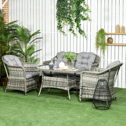 Outsunny 4-Seater PE Rattan Garden Furniture, Patio Round Wicker Woven Conversation Sofa Set w/ Padded Cushions and Glass Top Table, Grey