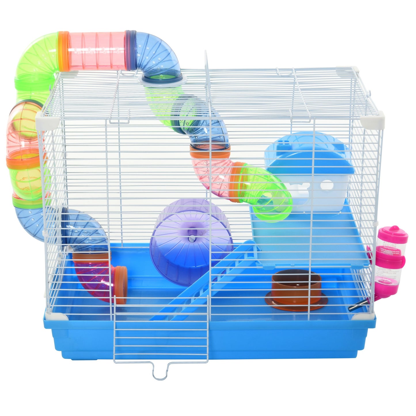 Pawhut 2 Tier Hamster Cage Carrier Habitat Small Animal House with Exercise Wheels Tunnel Tube Water Bottle Dishes House Ladder for Dwarf Mice, Blue w/