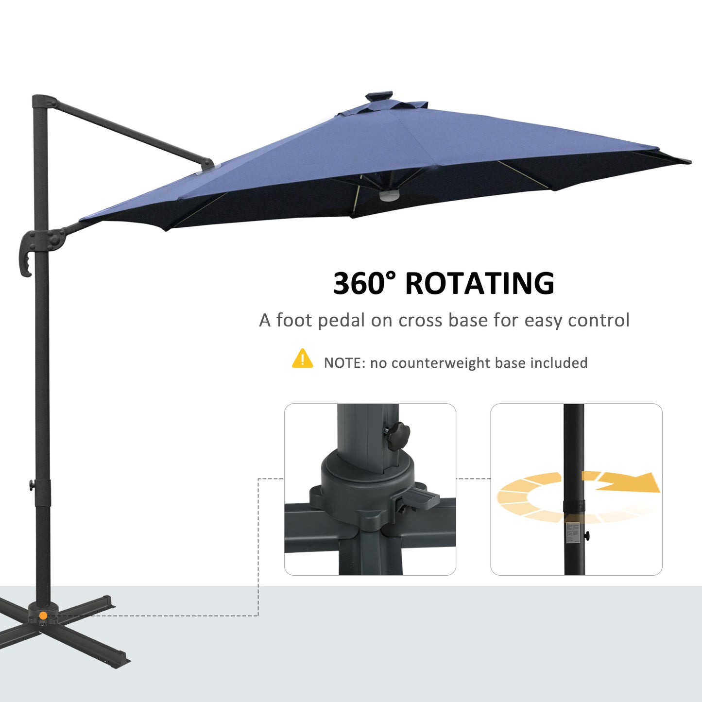 Outsunny 3(m) LED Cantilever Parasol Outdoor Sun Umbrella w/ Base Solar Lights Blue
