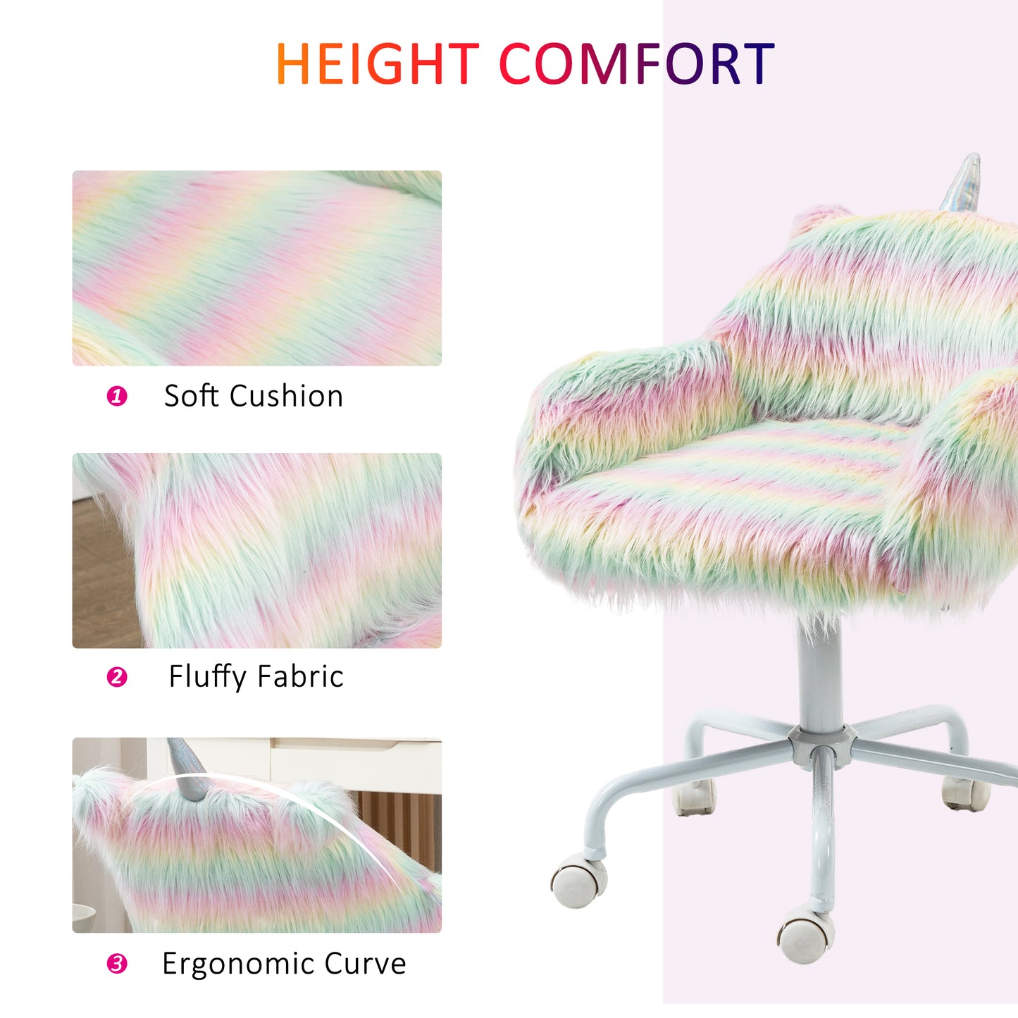 Vinsetto Unicorn Home Office Chair Height Adjustable Fluffy Desk Chair with Armrests and Swivel Wheels Colourful