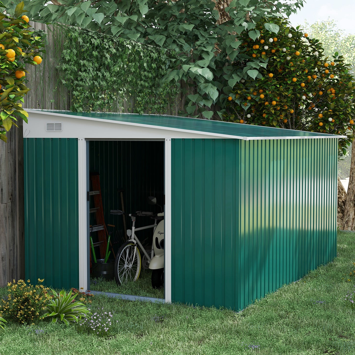 Outsunny Garden Metal Storage Shed Outdoor Metal Tool House with Double Sliding Doors and 2 Air Vents 11.3x9.2ft Green