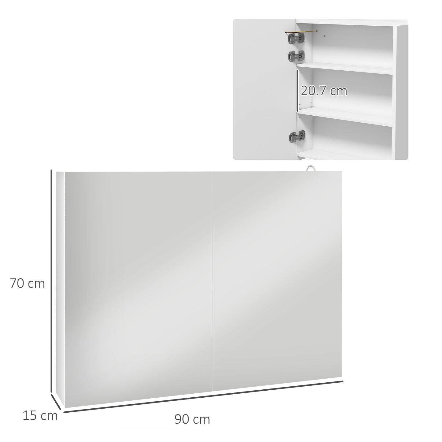 kleankin Bathroom Mirror Cabinet with Light Bathroom Storage Cupboard with Adjustable Shelf USB Charge 90x15x70cm White