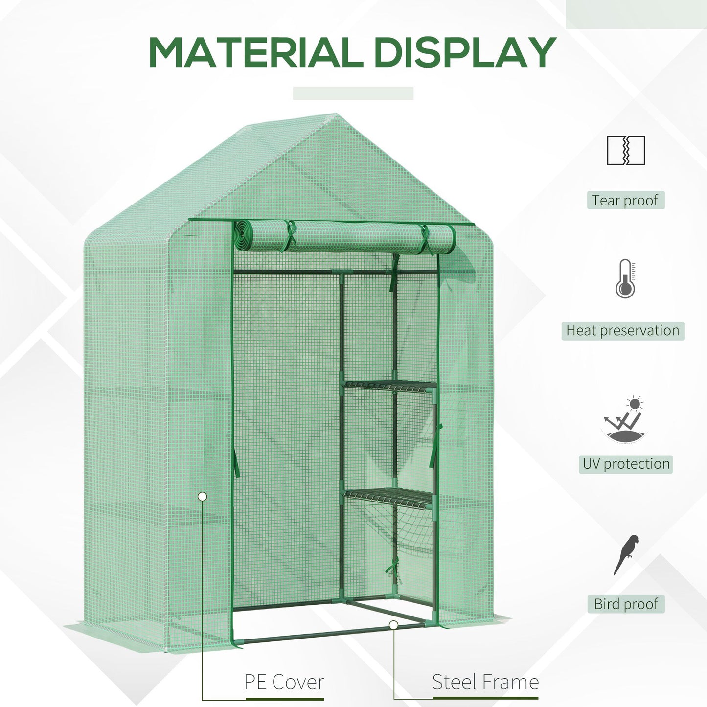 Outsunny Walk In Greenhouse for Outdoor, Portable Gardening Plant Grow House with 2 Tier Shelf, Roll-Up Zippered Door, PE Cover, 141x72x191cm, Green