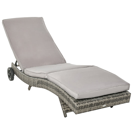 Outsunny Patio Wicker Chaise Lounge Chair, Outdoor PE Rattan Sun lounger with Adjustable Backrest and 2 Wheels