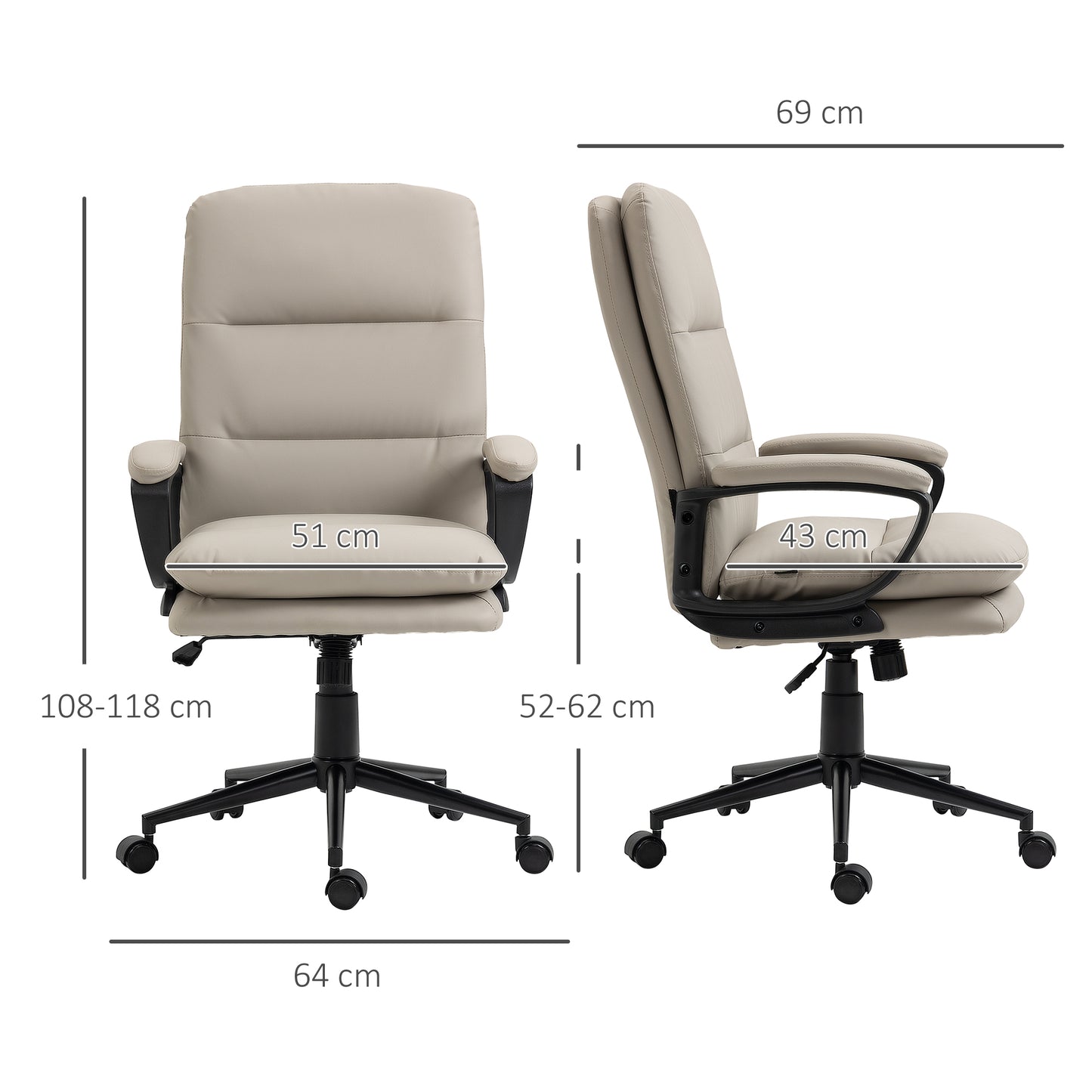 Vinsetto Ergonomic Computer Desk Chair PU Leather Office Chair with Adjustable Height and Swivel Rolling Wheels for Work Study Light Grey