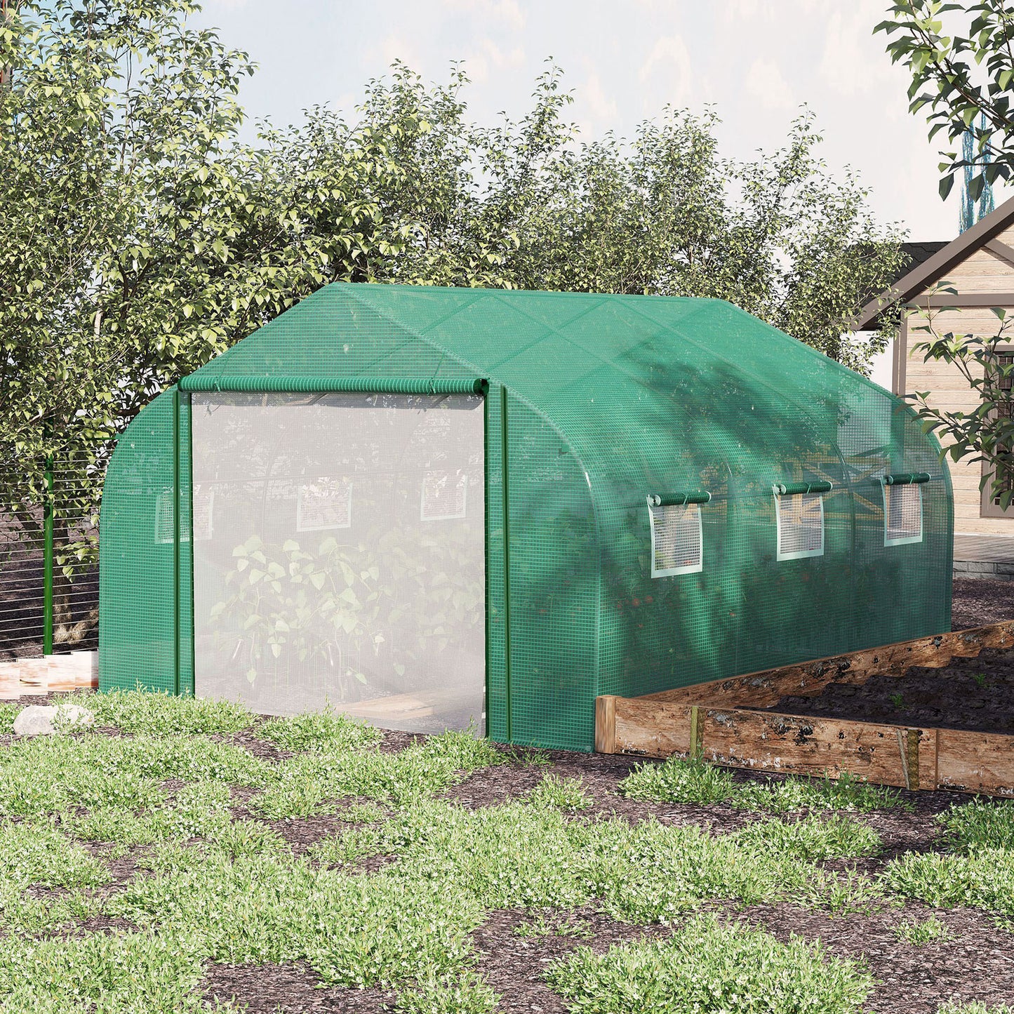 Outsunny Walk-in Polytunnel Garden Greenhouse, Outdoor Greenhouse with PE Cover, Zippered Roll Up Door and 6 Windows, 3.5 x 3 x 2m, Green