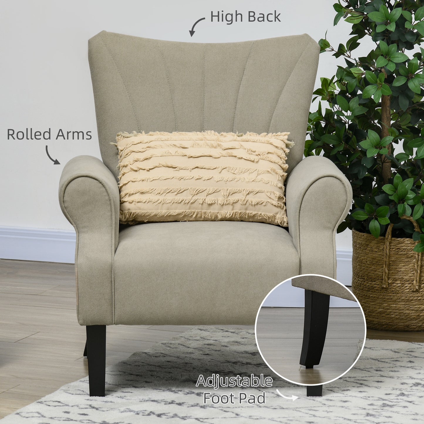 HOMCOM Upholstered Accent Chair with High Back Rolled Arms and Wood Legs Soft Thick Padded Armchair Beige