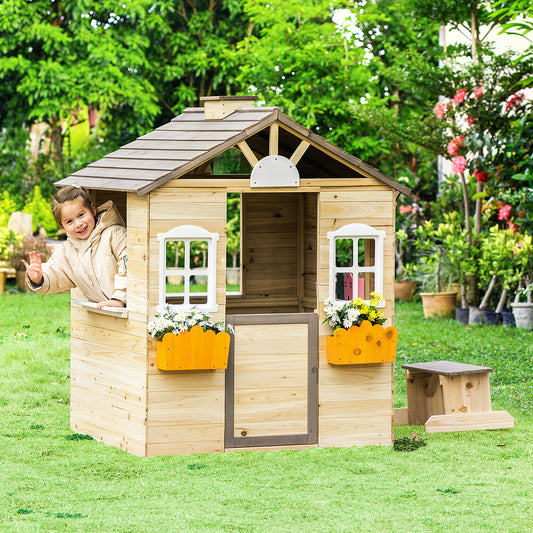 Outsunny Wooden Kids Playhouse, Outdoor Garden Games Cottage with Working Door, Windows, Bench, Service Station, Flowers Pot Holder for 3-7 Years Old