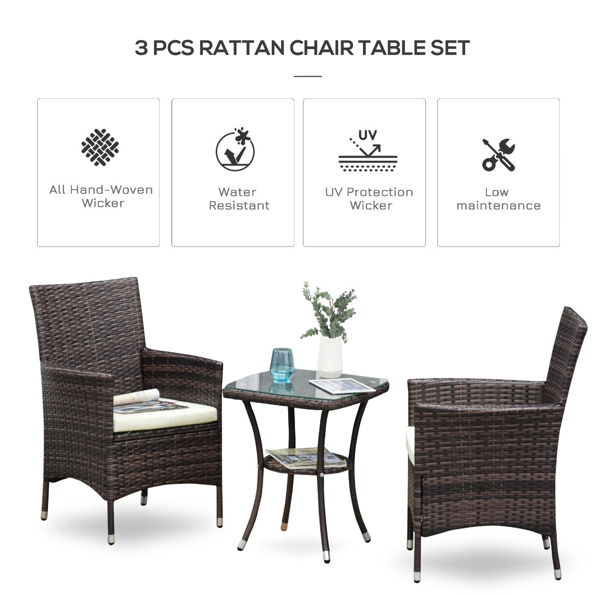 Outsunny 2 Seat Twin Rattan Bistro Chair and Table Set Brown