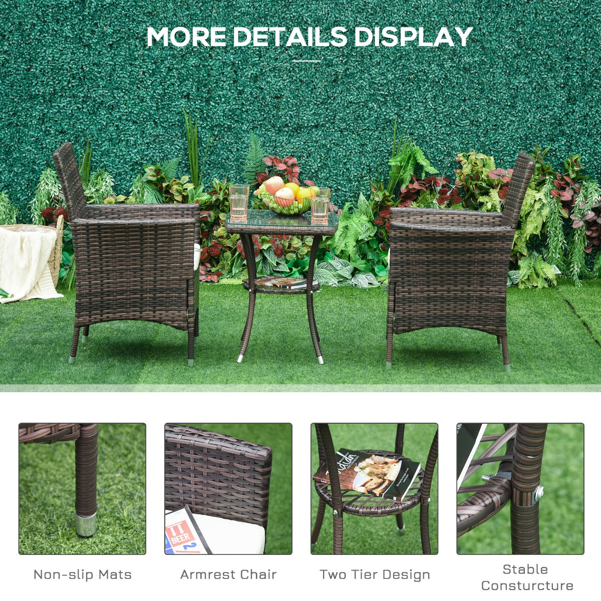Outsunny 2 Seat Twin Rattan Bistro Chair and Table Set Brown