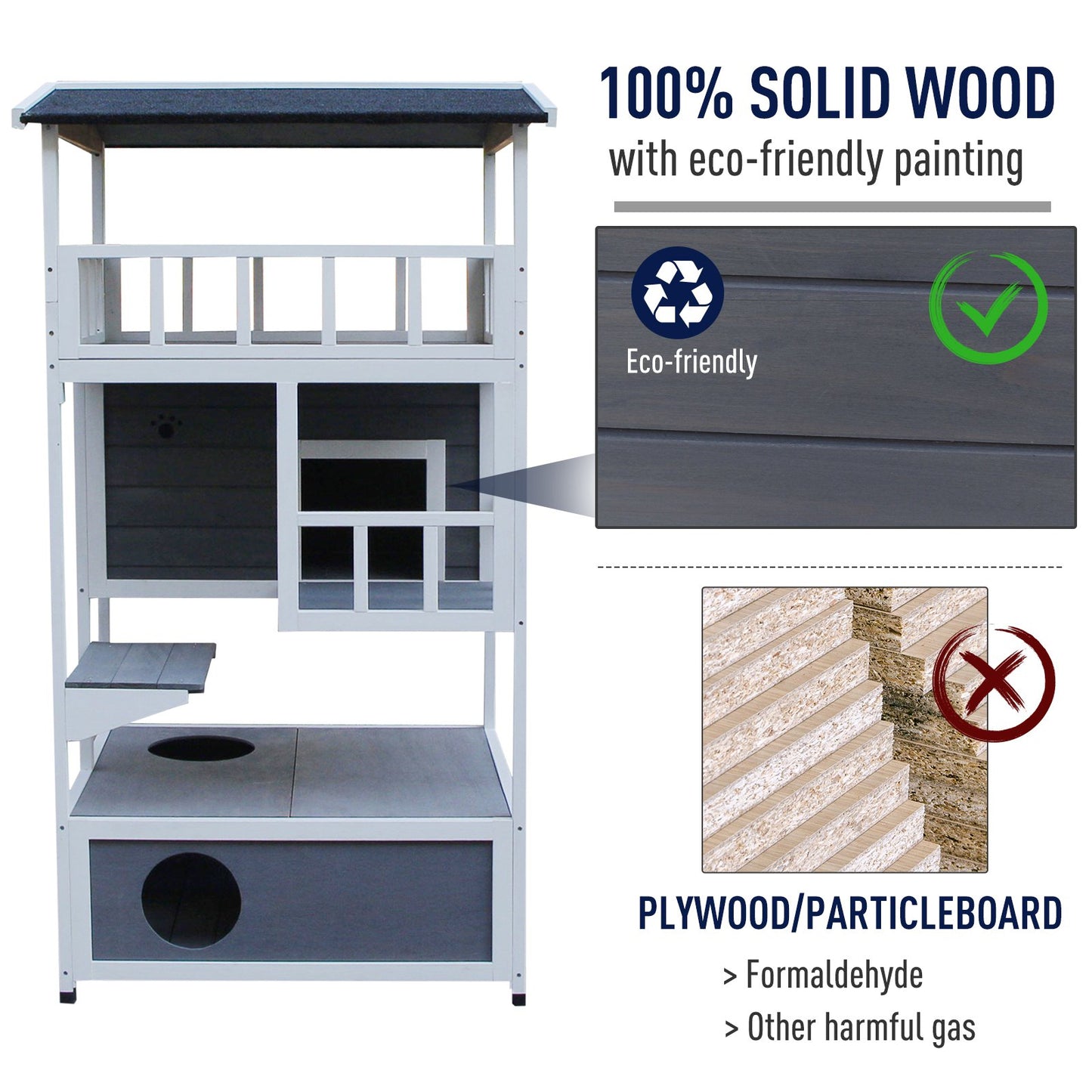 PawHut Cats Fir Wood 3-Tier Waterproof Play House Grey