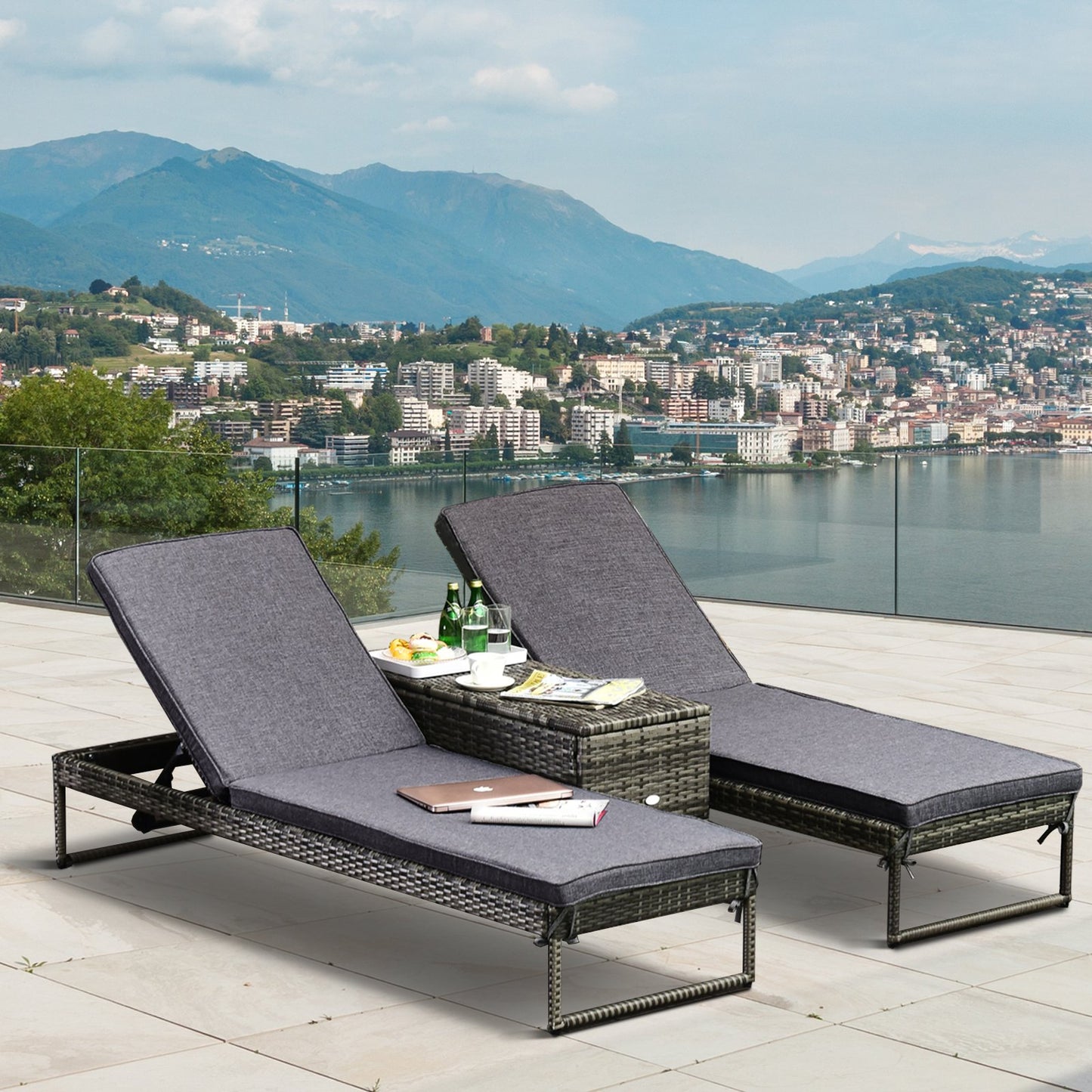 Outsunny PE Rattan 2-Seat Outdoor Garden Sun Lounger Set w/ Table Grey