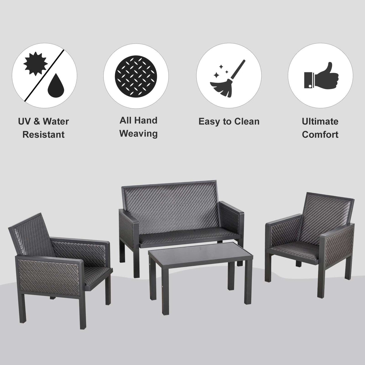 Outsunny 4 PCs Aluminum PE Rattan Sofa Set Outdoor Conservatory Furniture Coffee Table