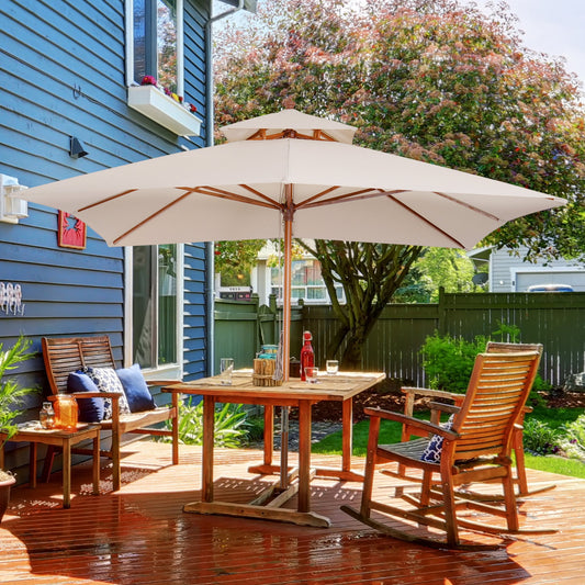 Outsunny Beige Parasol Patio 3x3M Double Tier Garden Sun Umbrella Sunshade Outdoor Wood Wooden Canopy Tier, Folding Bamboo W/ 2 Pulley