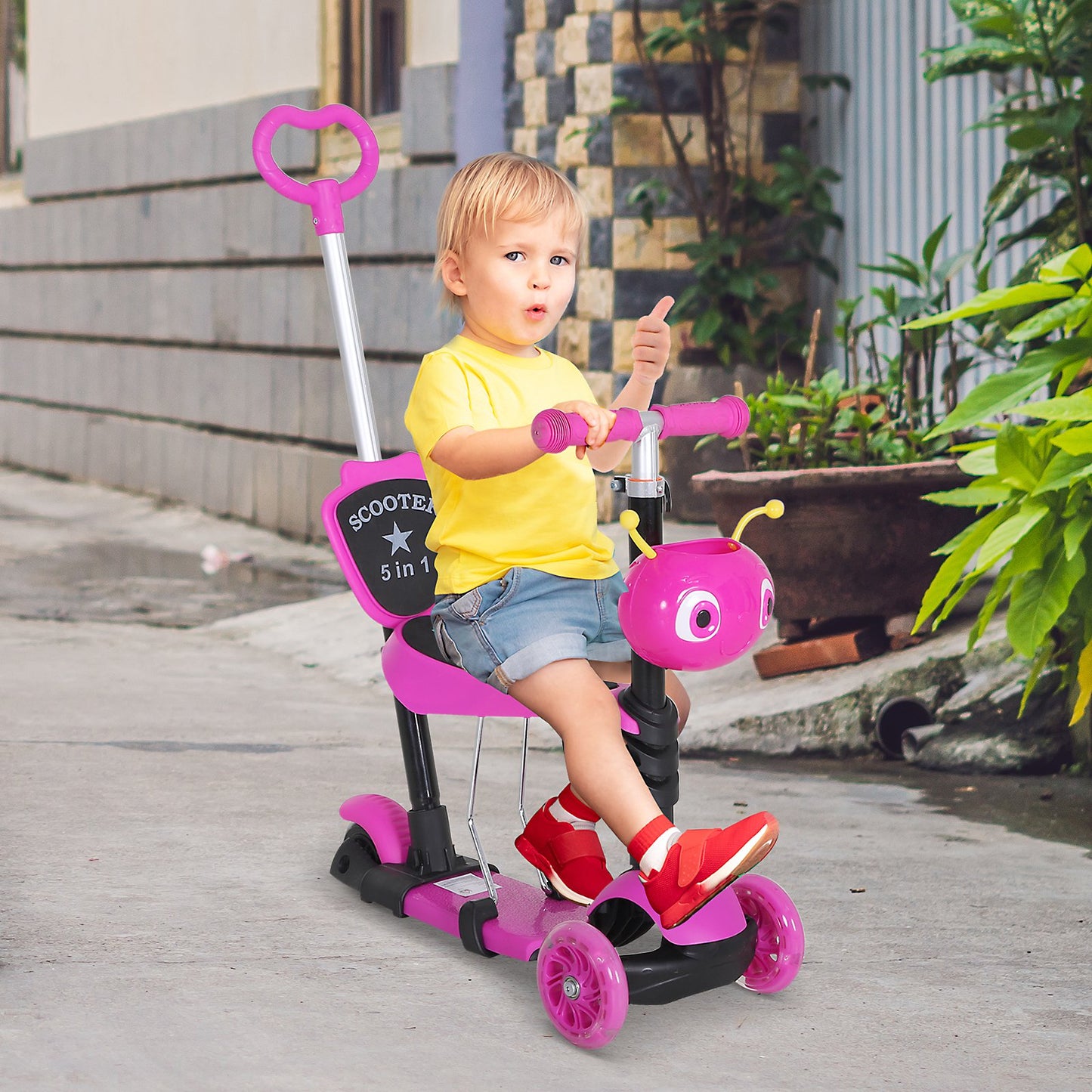 HOMCOM 5-in-1 Kids Kick Scooter W/Removable Seat-Pink