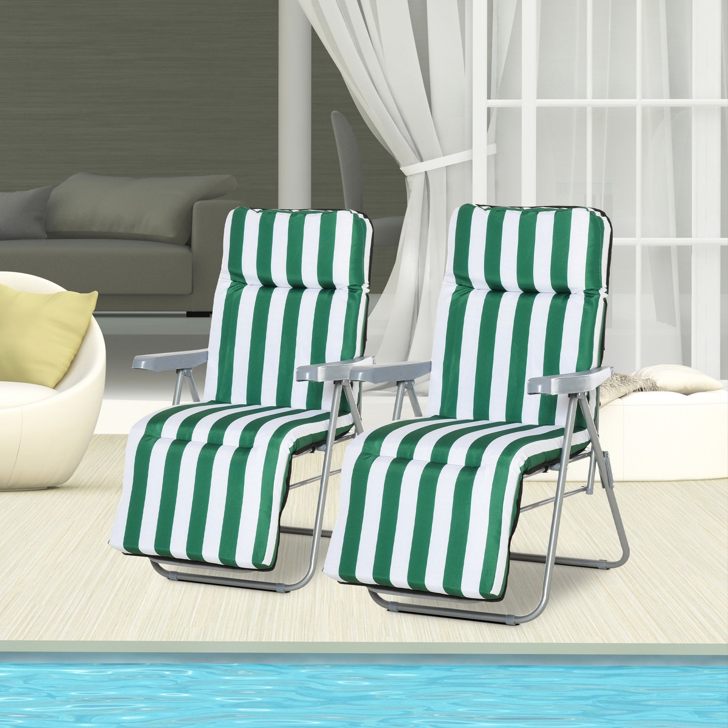 Outsunny 2 Pc Folding Sun Reclining Chairs W/ Cushions Set-Green/White