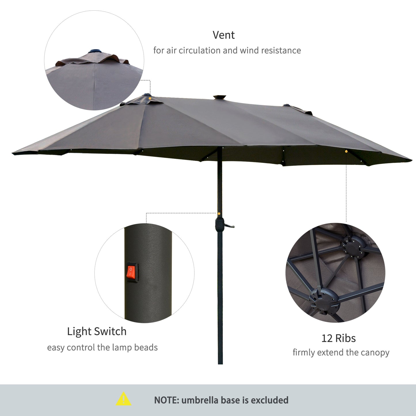 Outsunny 4.4m Double-Sided Sun Umbrella Patio Parasol LED Solar Lights Dark Grey