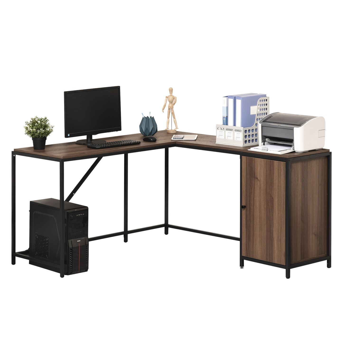 HOMCOM L-Shape Computer Corner Desk PC Table Workstation w/ Cabinet for Home Office