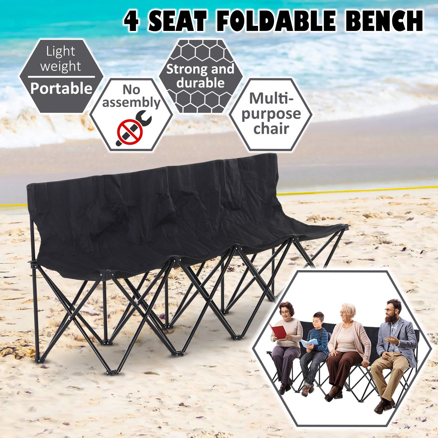 Outsunny 4 Seat Sport Bench Camp Seat Folding Portable Team Bench with Carrying Bag - Black