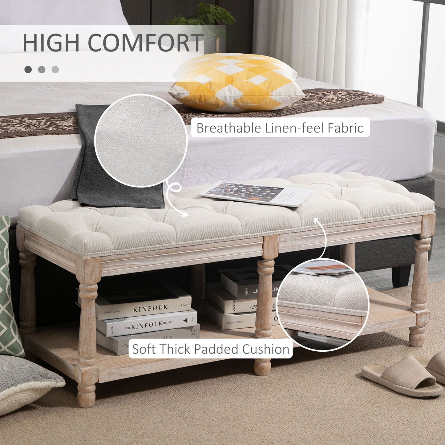 HOMCOM Shoe Rack Bench w/ Button Tufted Seat Cushion for Hallway Bedroom Cream White