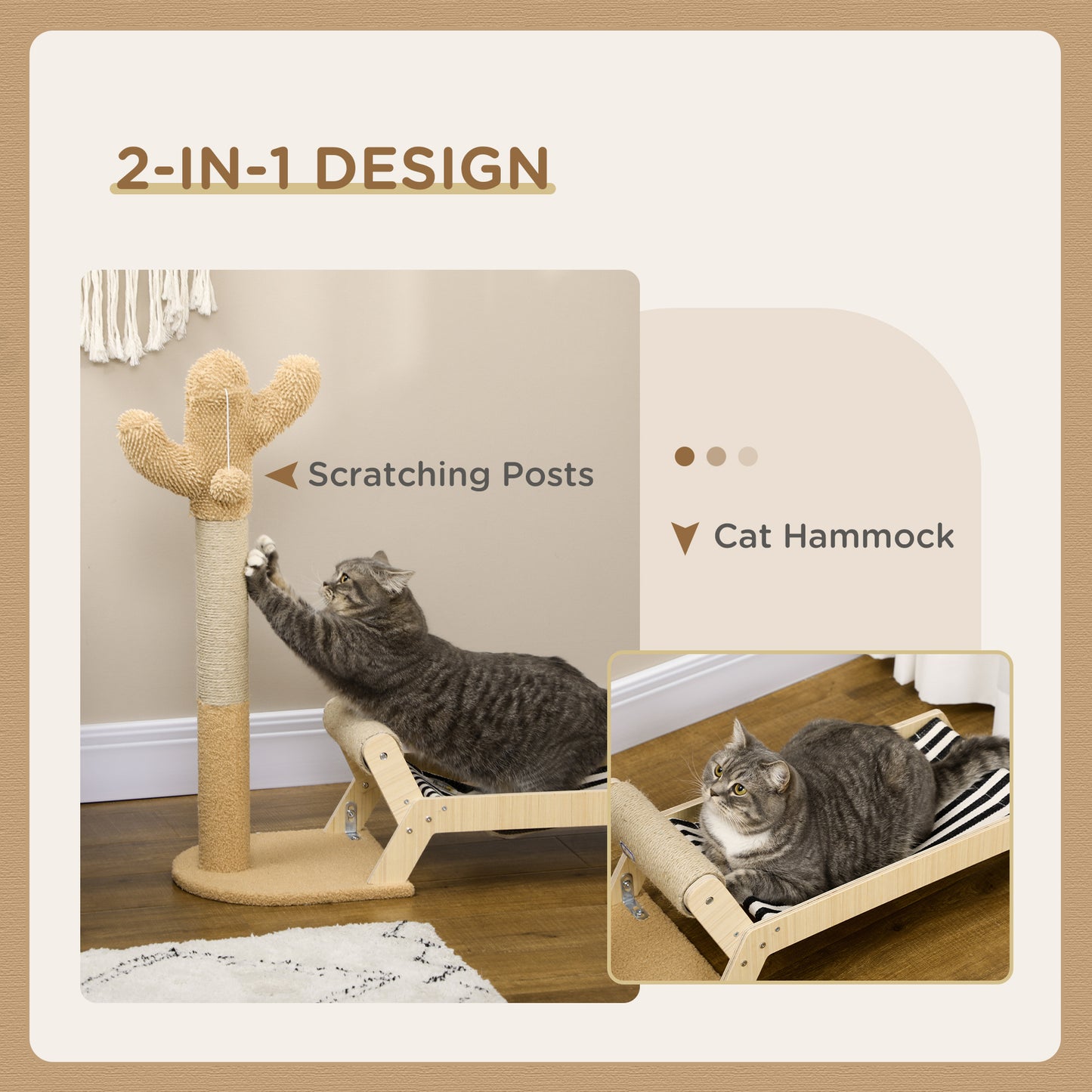PawHut 2 in 1 Cat Scratching Post with Bed, Cat Condo Tree Tower with Cactus Post, Hammock Bed for Indoor Cats and Kittens - Brown