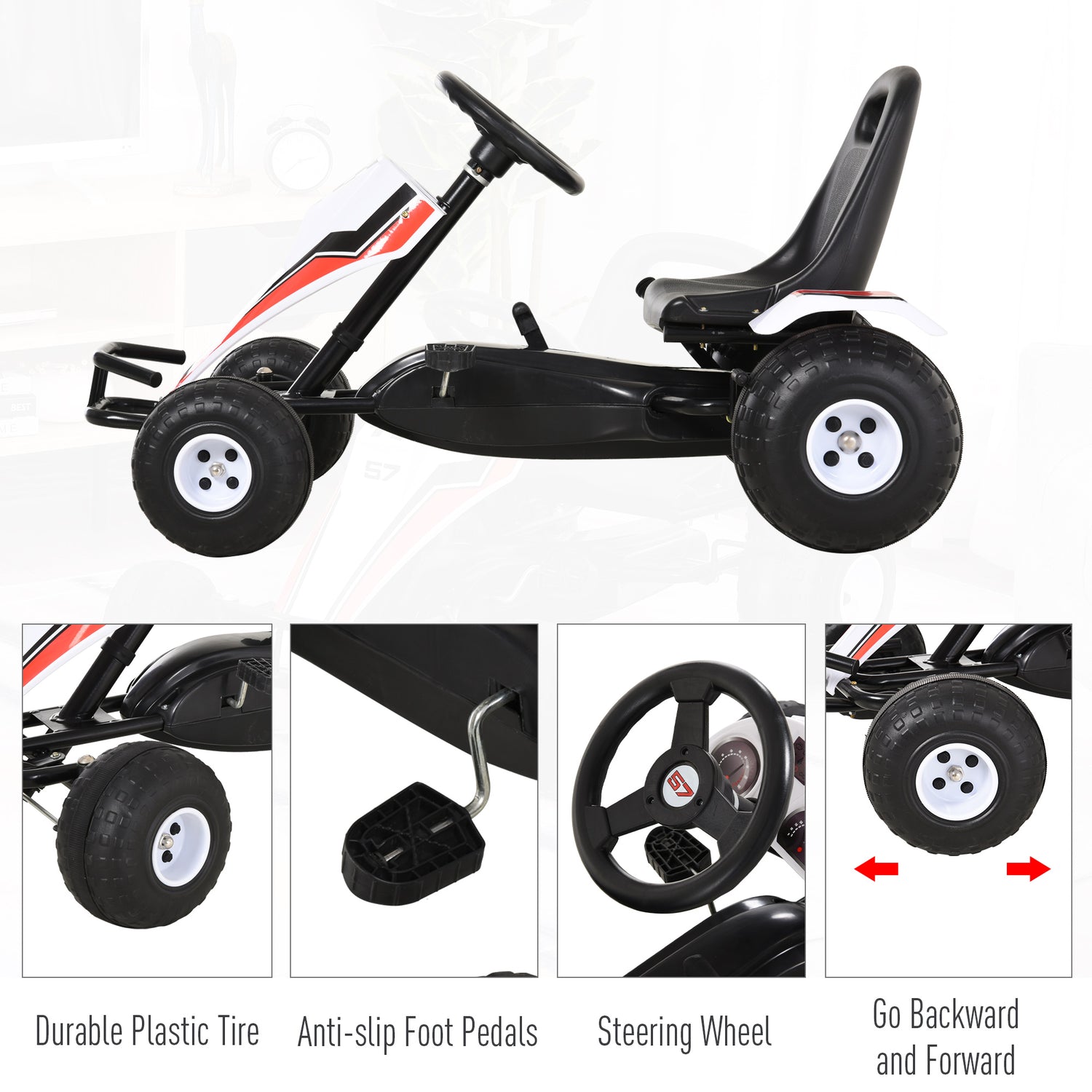 HOMCOM Kids Adjustable Seat PP Pedal Go-Kart White/Red –