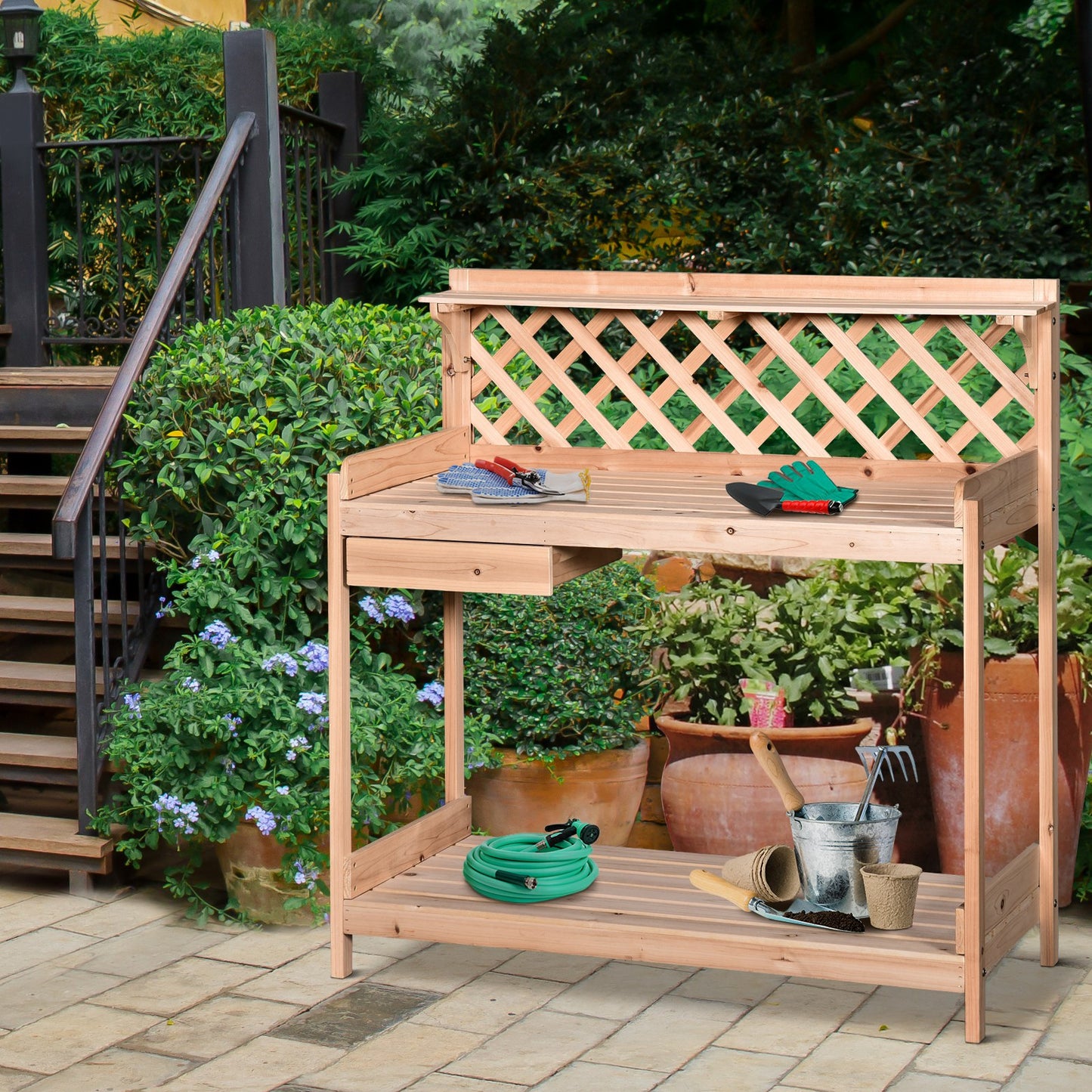 Outsunny Fir Wood Outdoor Garden Potting Table w/ Drawer