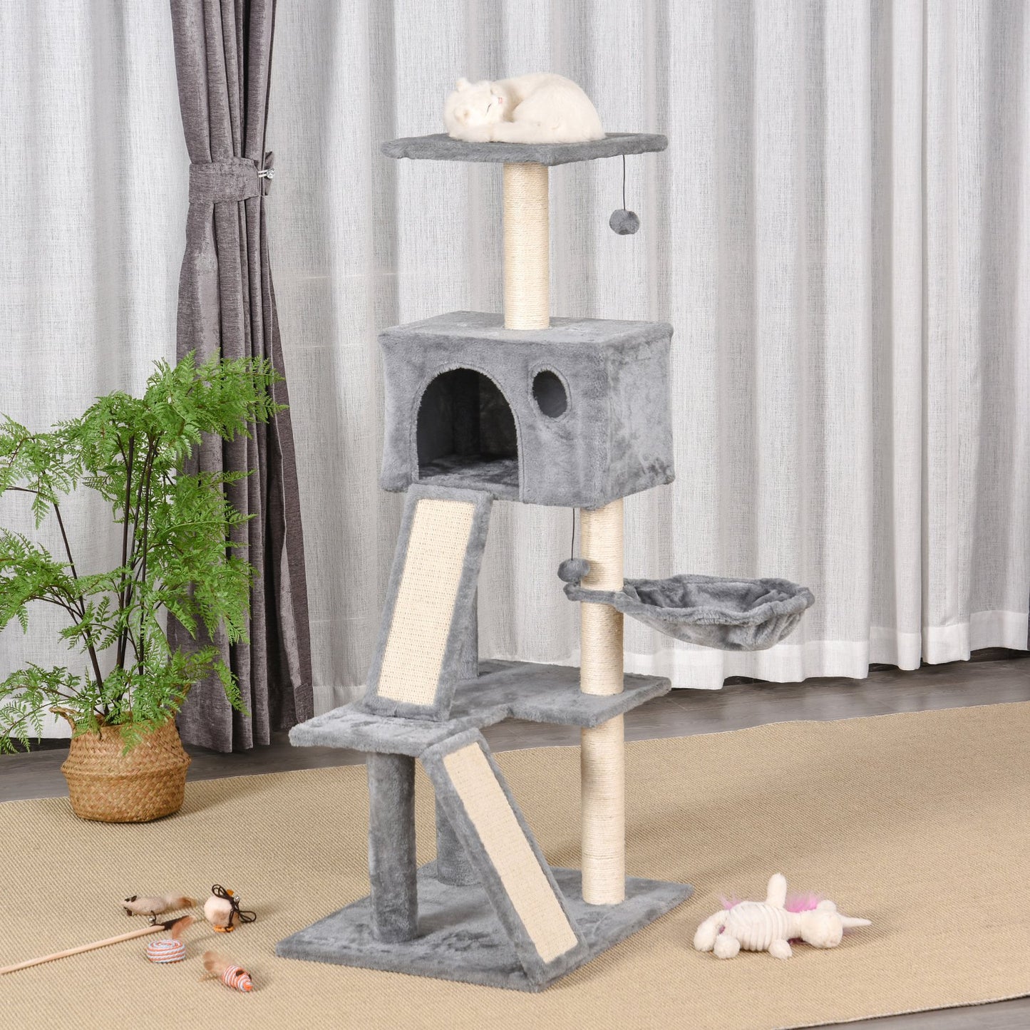 PawHut Cat Tree Tower with Sisal-Covered Scratching Posts and Ladders for Climbing and Playing
