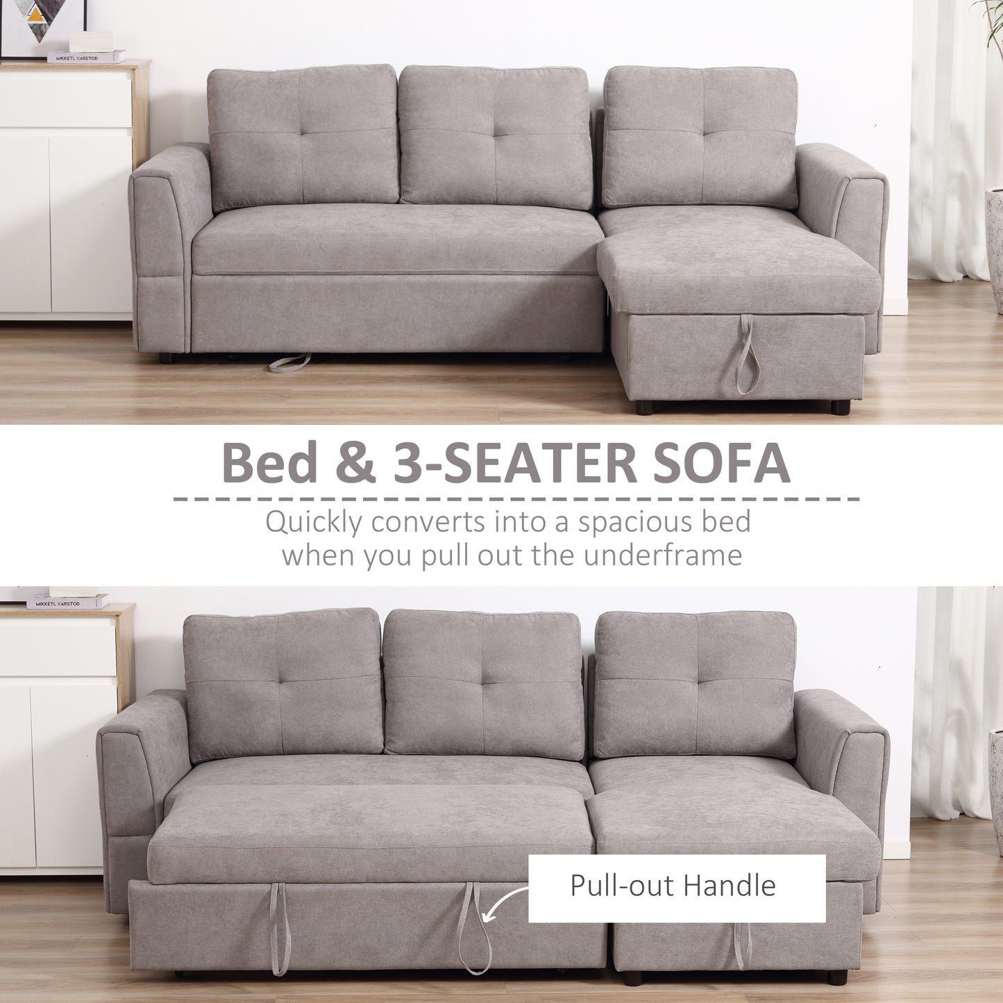 HOMCOM Sofa Bed Reversible Sectional Sofa Set Linen Sleeper Futon with Storage Grey