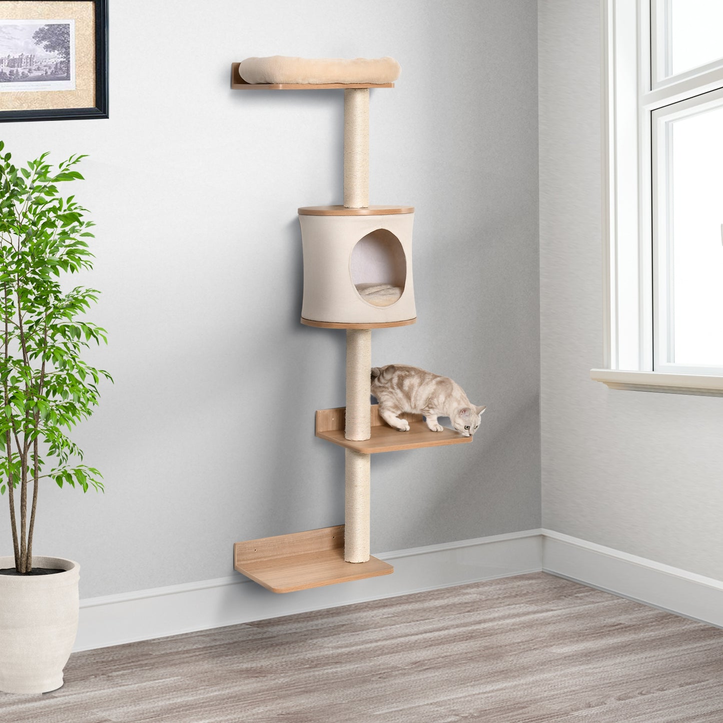 PawHut Cat Tree Cat Shelf Wall-Mounted Shelter with Condo Bed Scratching Post