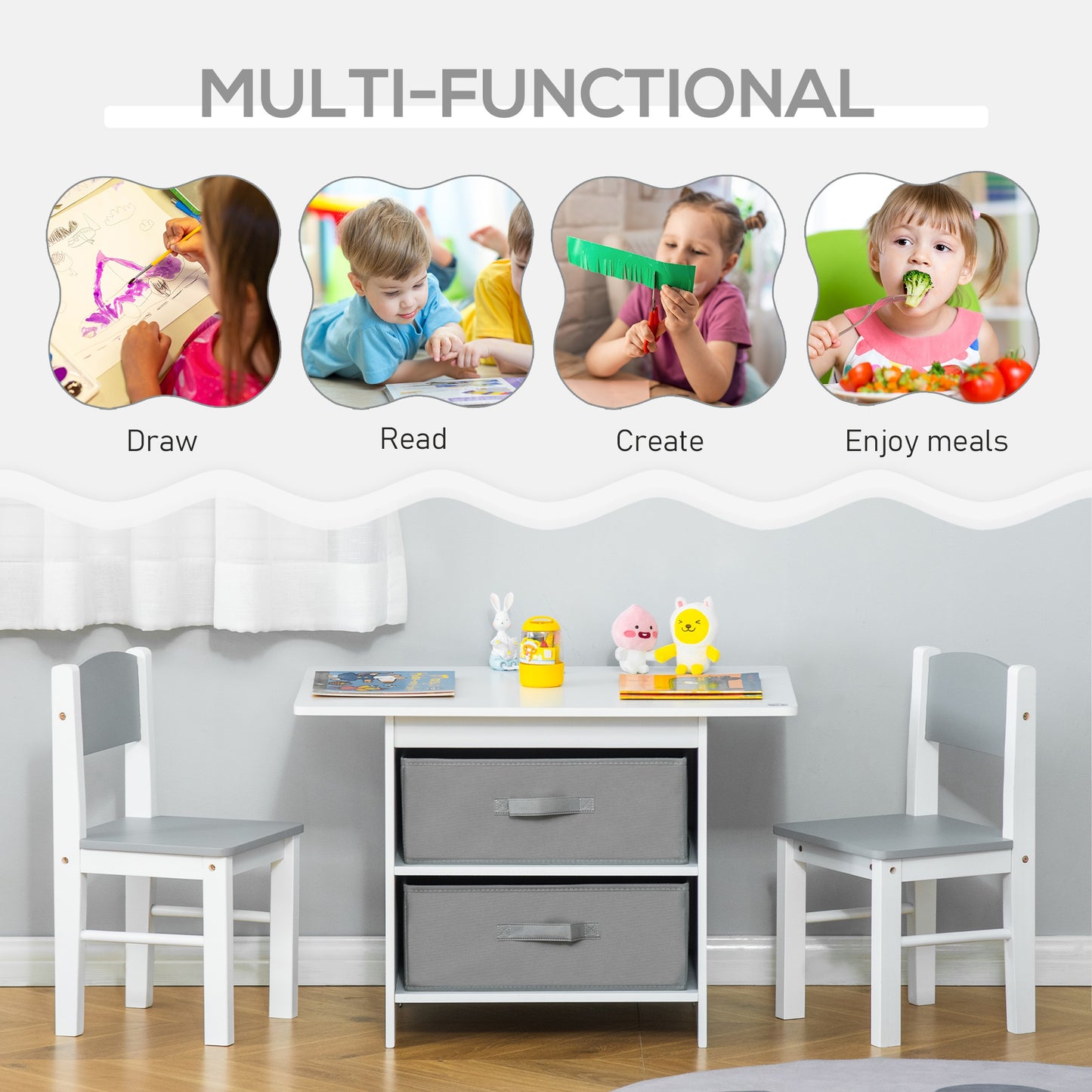 HOMCOM 3 Pcs Kids Table & Chairs Set Furniture w/ Storage Drawers for 2-4 Years old