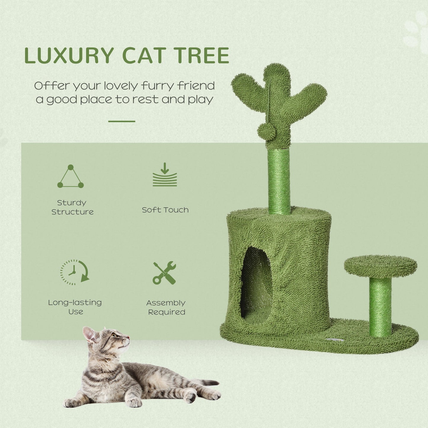 PawHut Cat Tree Tower Cactus Shape w/ Scratching Post Condo Perch Ball Kitten Toy