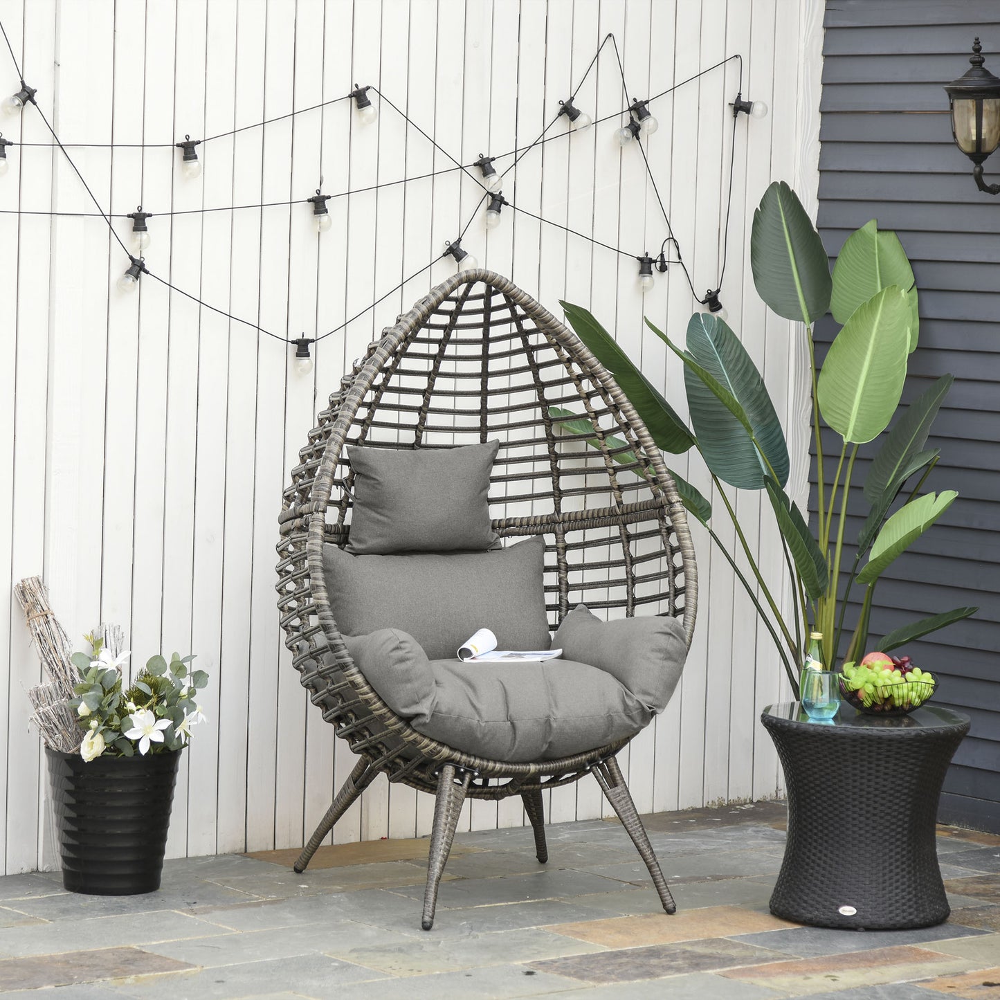 Outsunny eardop PE Wicker Rattan Chair w/ Thick Cushions 4 Legs Outdoor Seat Egg Garden