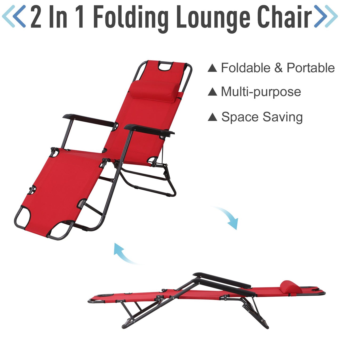 Outsunny Metal Frame 2 In 1 Sun Lounger w/ Pillow Red