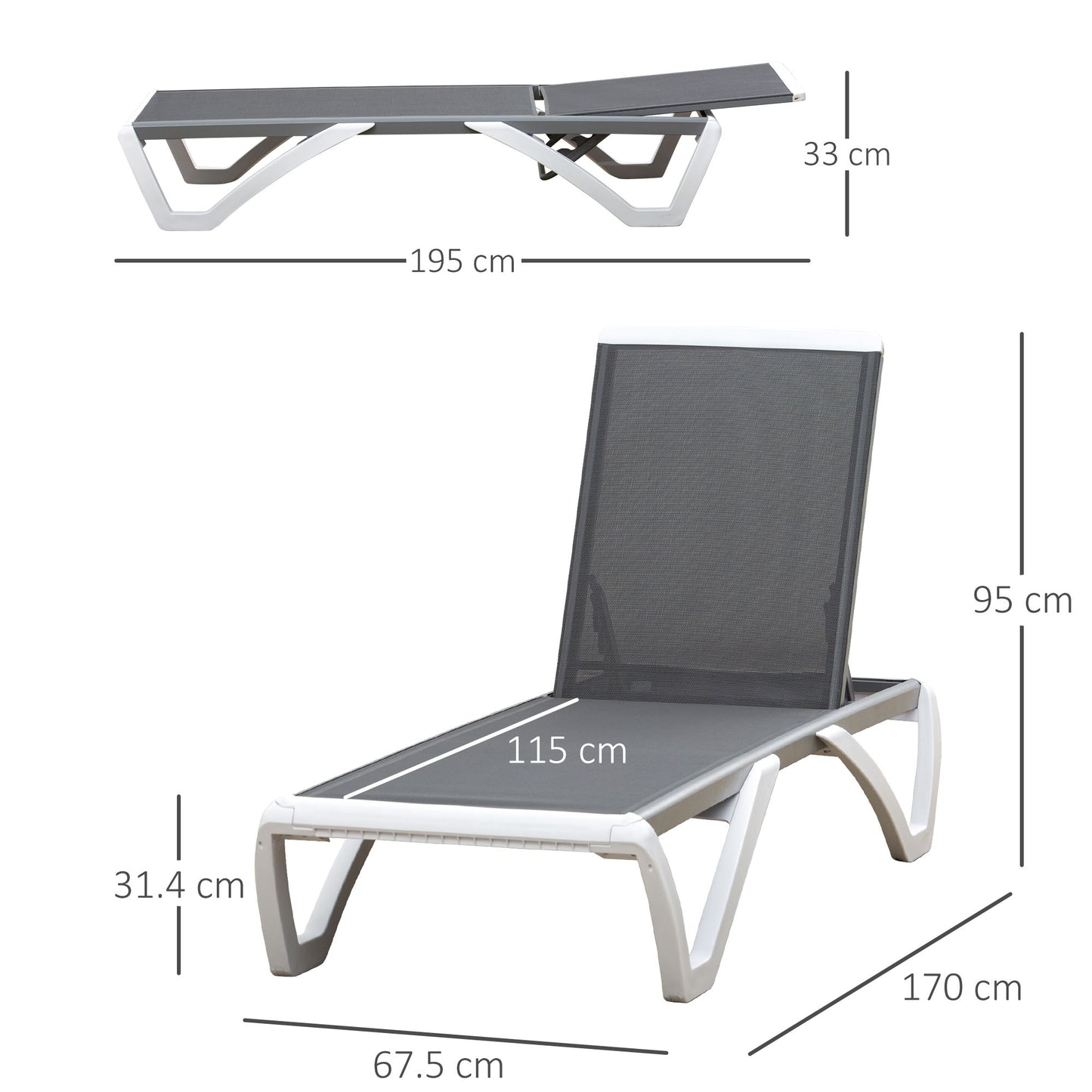 Outsunny Outdoor Chaise Patio Lounge with 5-Level Adjustable Back Wheels Texteline Grey