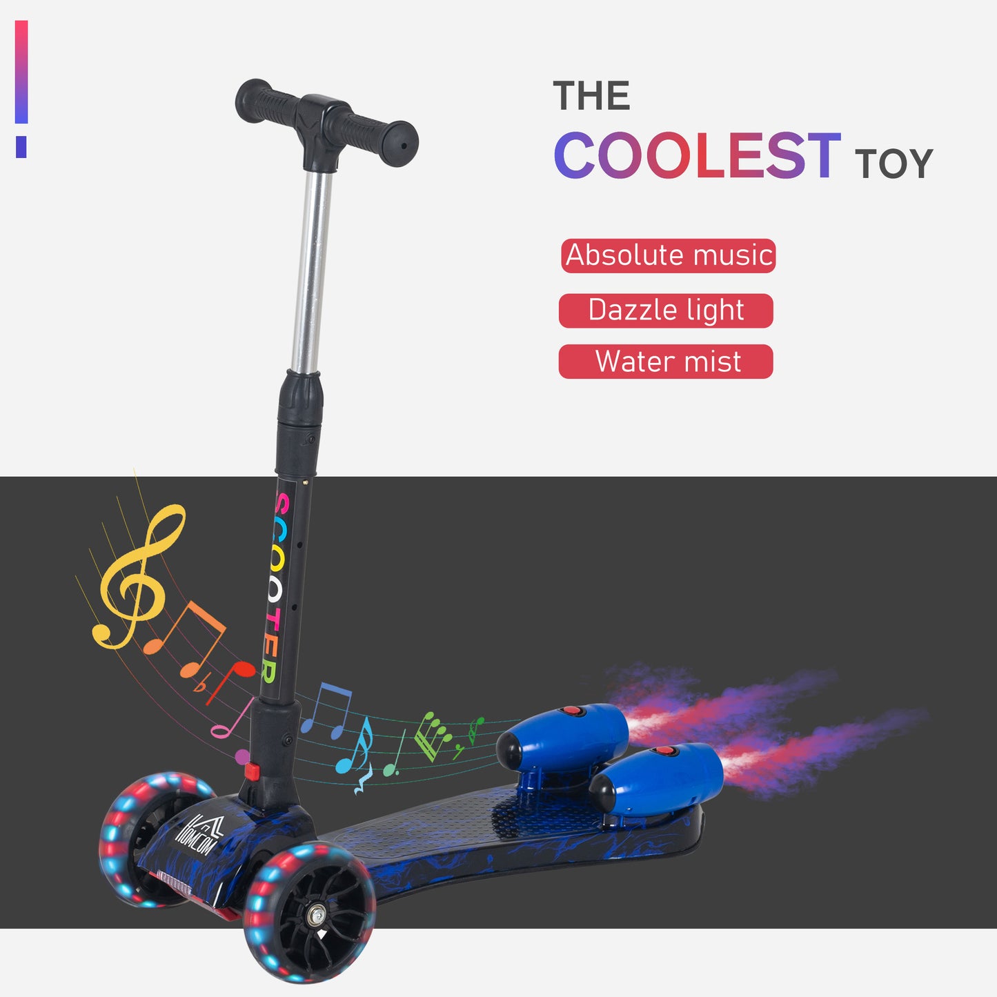 HOMCOM Kids Tri-Wheel Plastic Scooter w/ Engine-Look Water Spray Blue