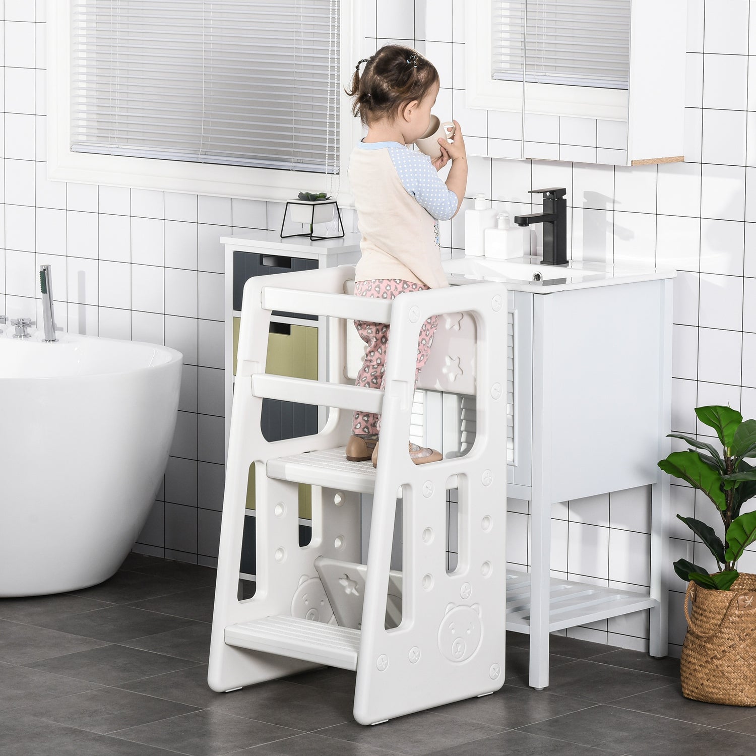 HOMCOM Kids Step Stool Adjustable Standing Platform Toddler Kitchen Stool  Grey