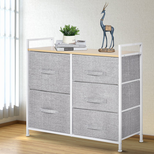 HOMCOM Metal Frame 5-Fabric Drawer Home Storage Unit Grey