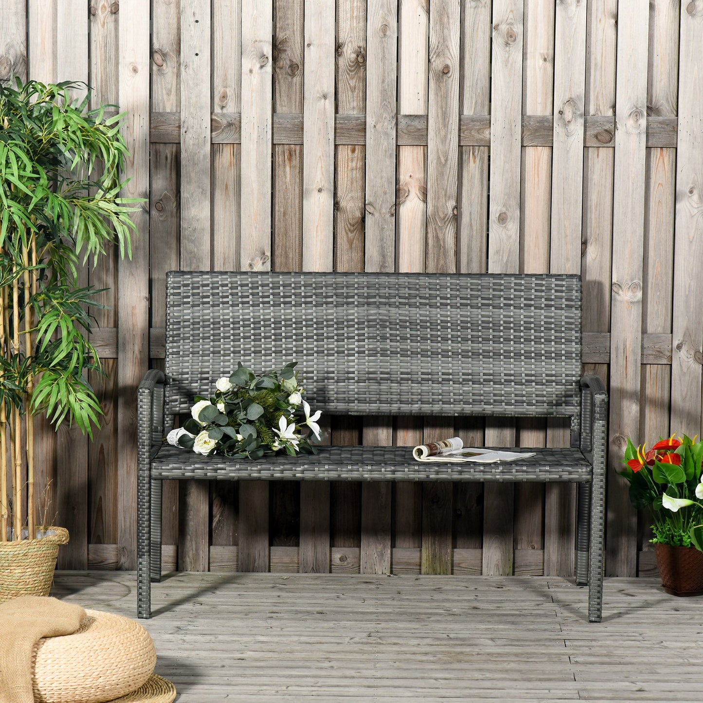 Outsunny Patio Rattan 2 Seater Garden Bench Love Seater Armchair Furniture Outdoor Garden
