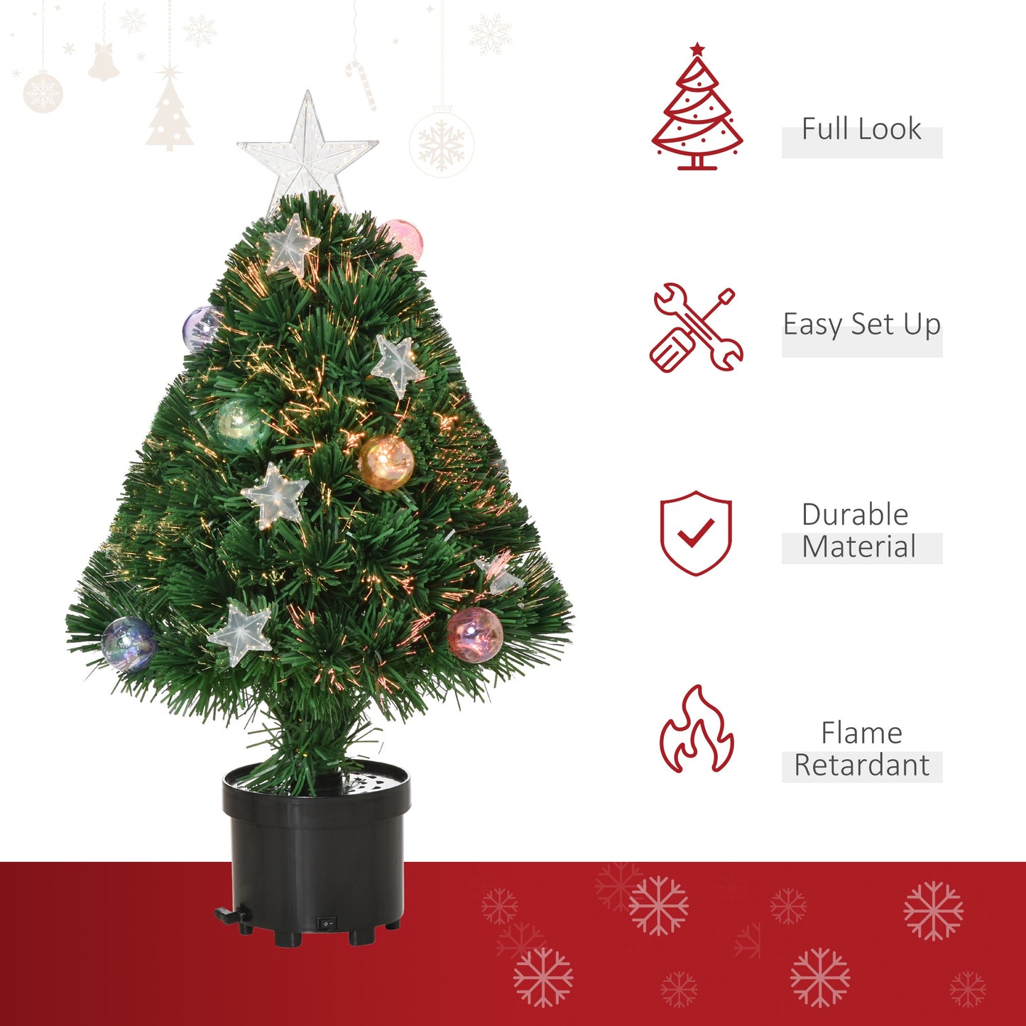 HOMCOM 2FT Pre-Lit Artificial Fibre Optic Christmas Xmas Tree w/ Lights Mini Decoration, Green