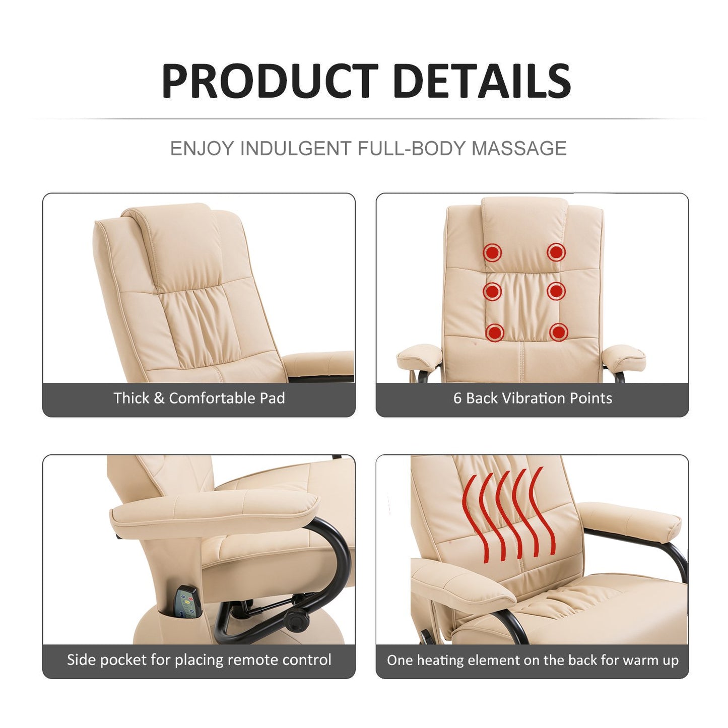 HOMCOM 10 - Point Reclining Massage Chair Faux Leather Armchair Chair W/Footstool - Cream