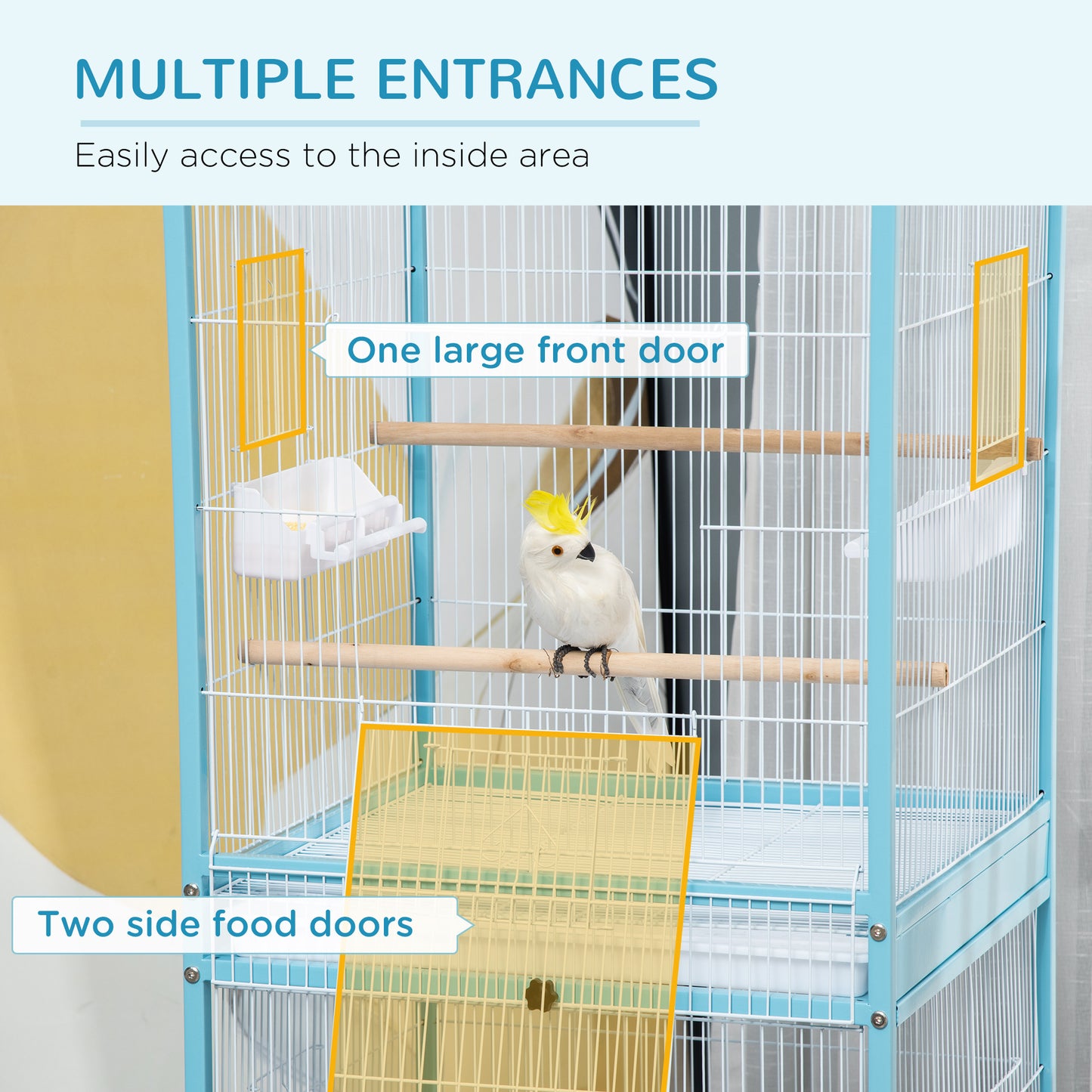 PawHut 2 In 1 Large Bird Cage Aviary for Finch Canaries, Budgies with Wheels, Slide-out Trays, Wood Perch, Food Containers, Light Blue