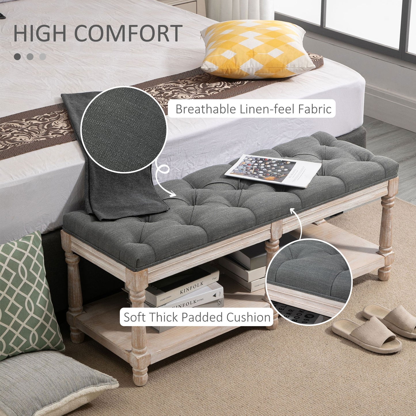 HOMCOM Shoe Rack Bench w/ Button Tufted Seat Cushion for Hallway Bedroom Grey