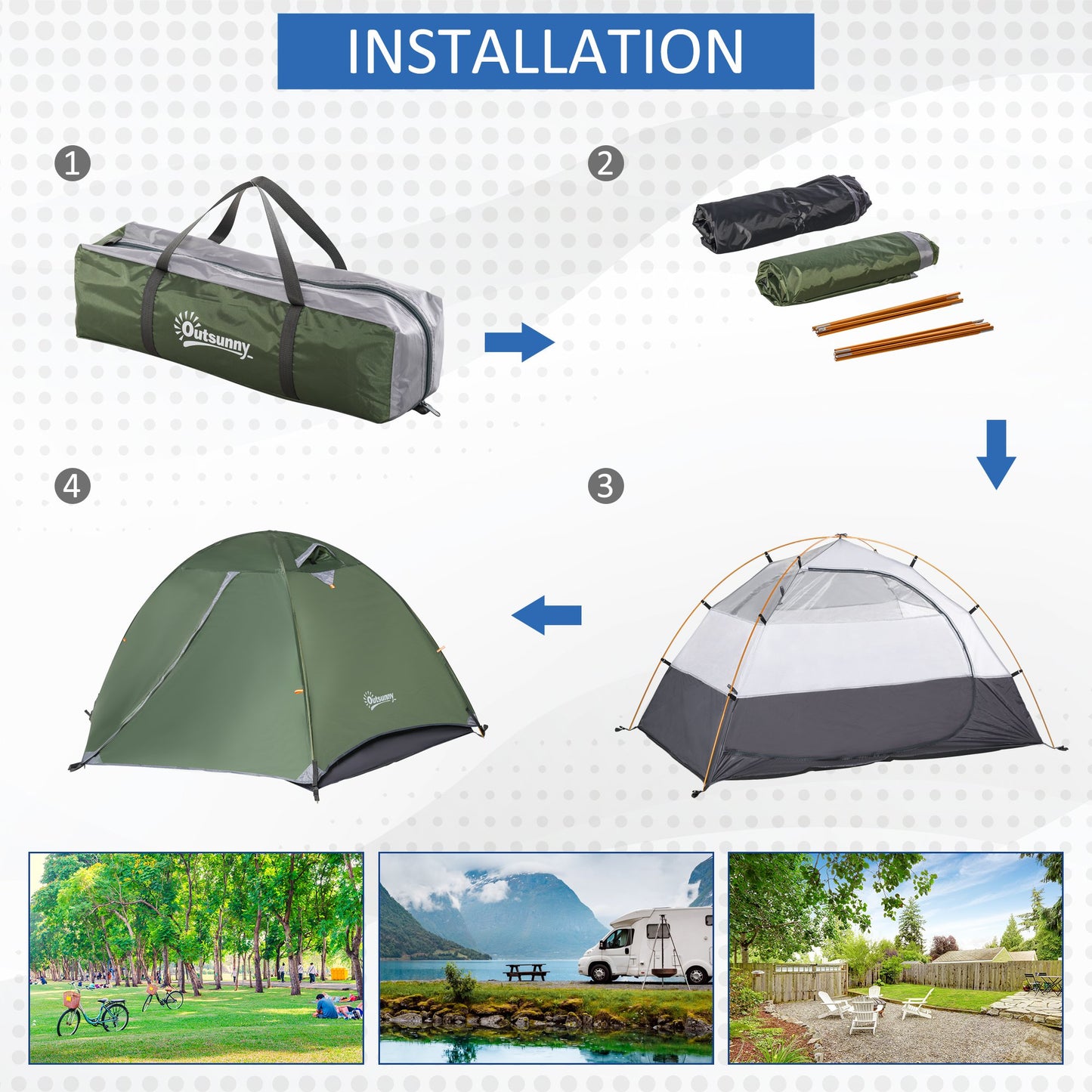 Outsunny Outdoor 2 Person Camping Tent Double Layer Waterproof with Carry Bag Glass Fiber