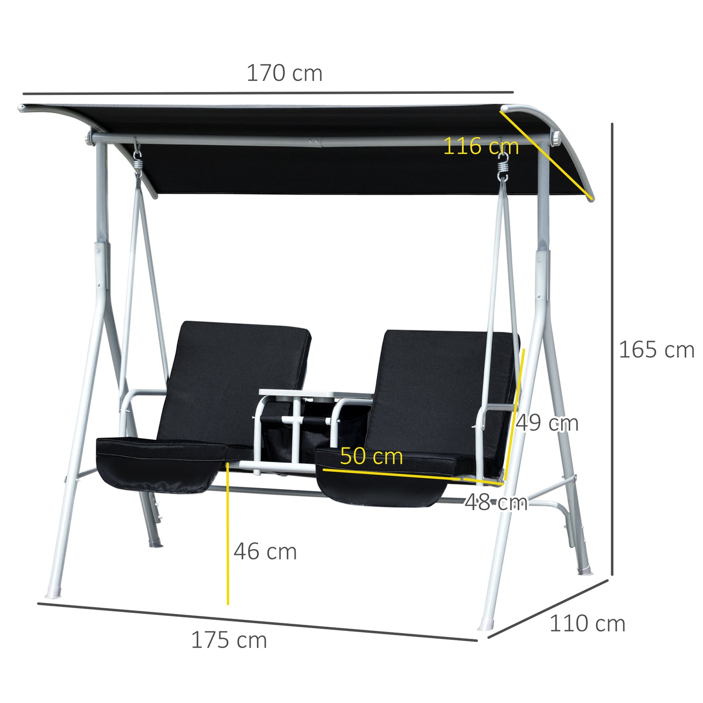 Outsunny 2 Seater Garden Swing Chair Patio Rocking Bench w/ Tilting Canopy, Double Padded Seats, Storage Bag and Tray, Black