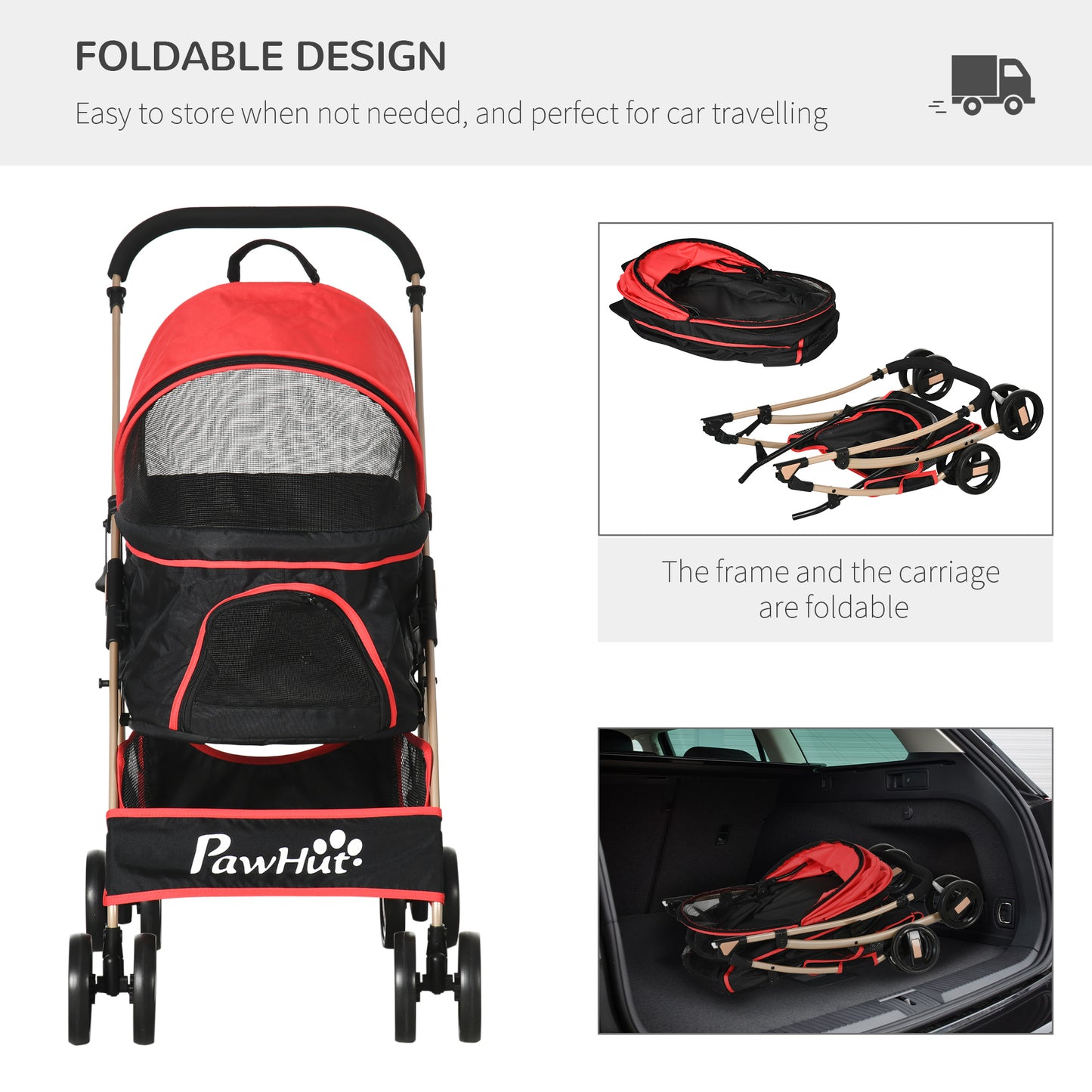 PawHut Detachable Pet Stroller, 3-In-1 Dog Cat Travel Carriage, Foldable Carrying Bag with Universal Wheel Brake Canopy Basket Storage Bag, Red