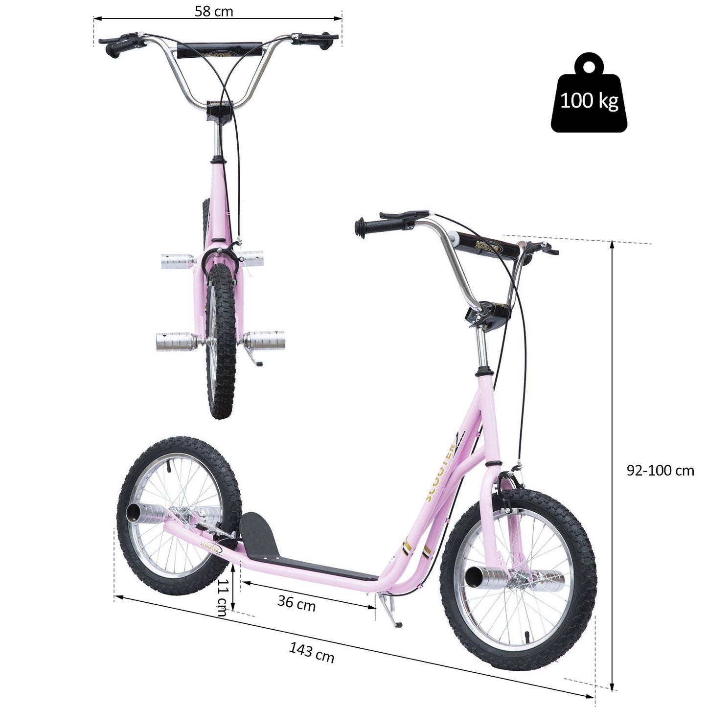 HOMCOM Non-Electric Pneumatic 16" Tyres Scooter-Pink