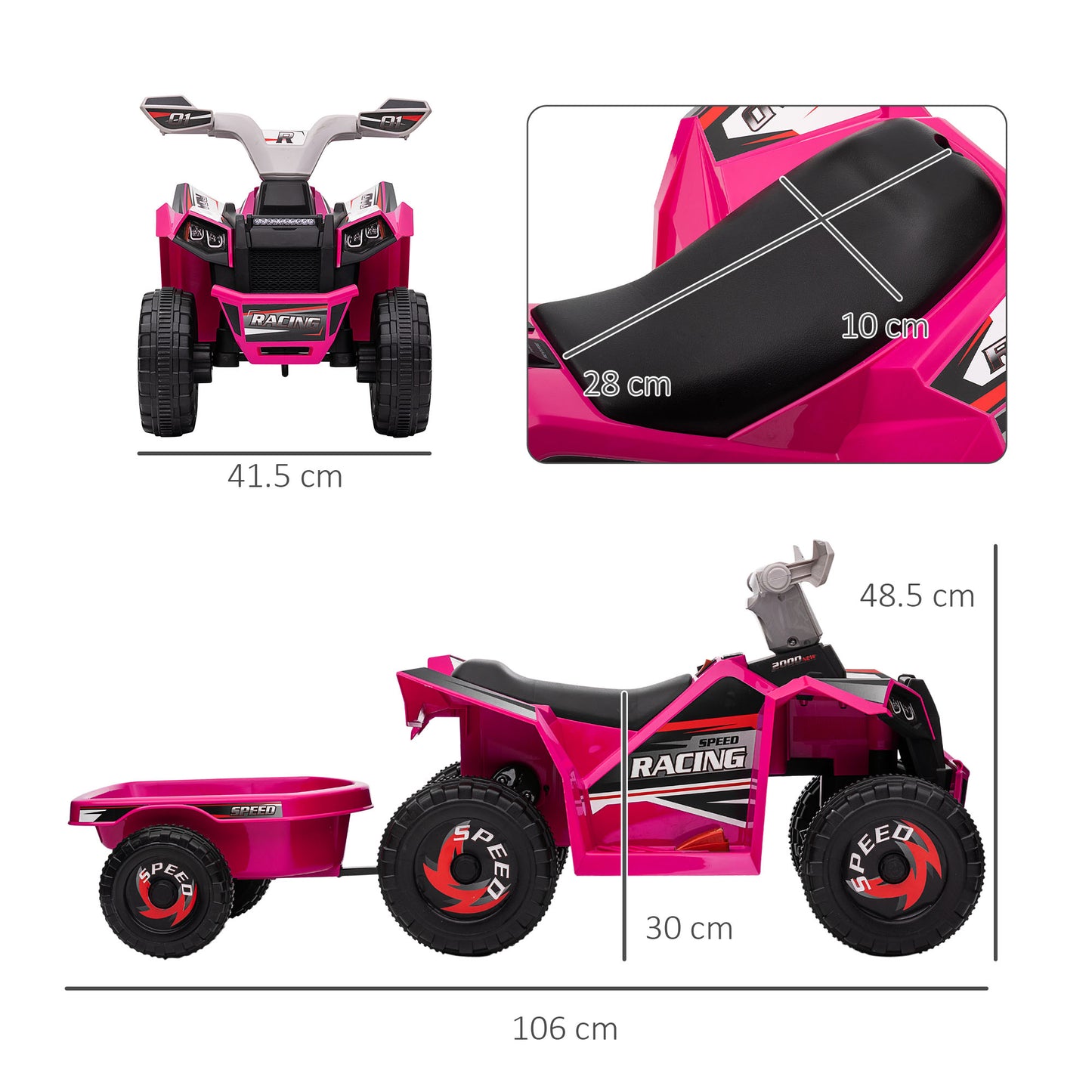 HOMCOM 6V Quad Bike with Back Trailer, Wear-Resistant Wheels for Ages 18-36 Months, Pink