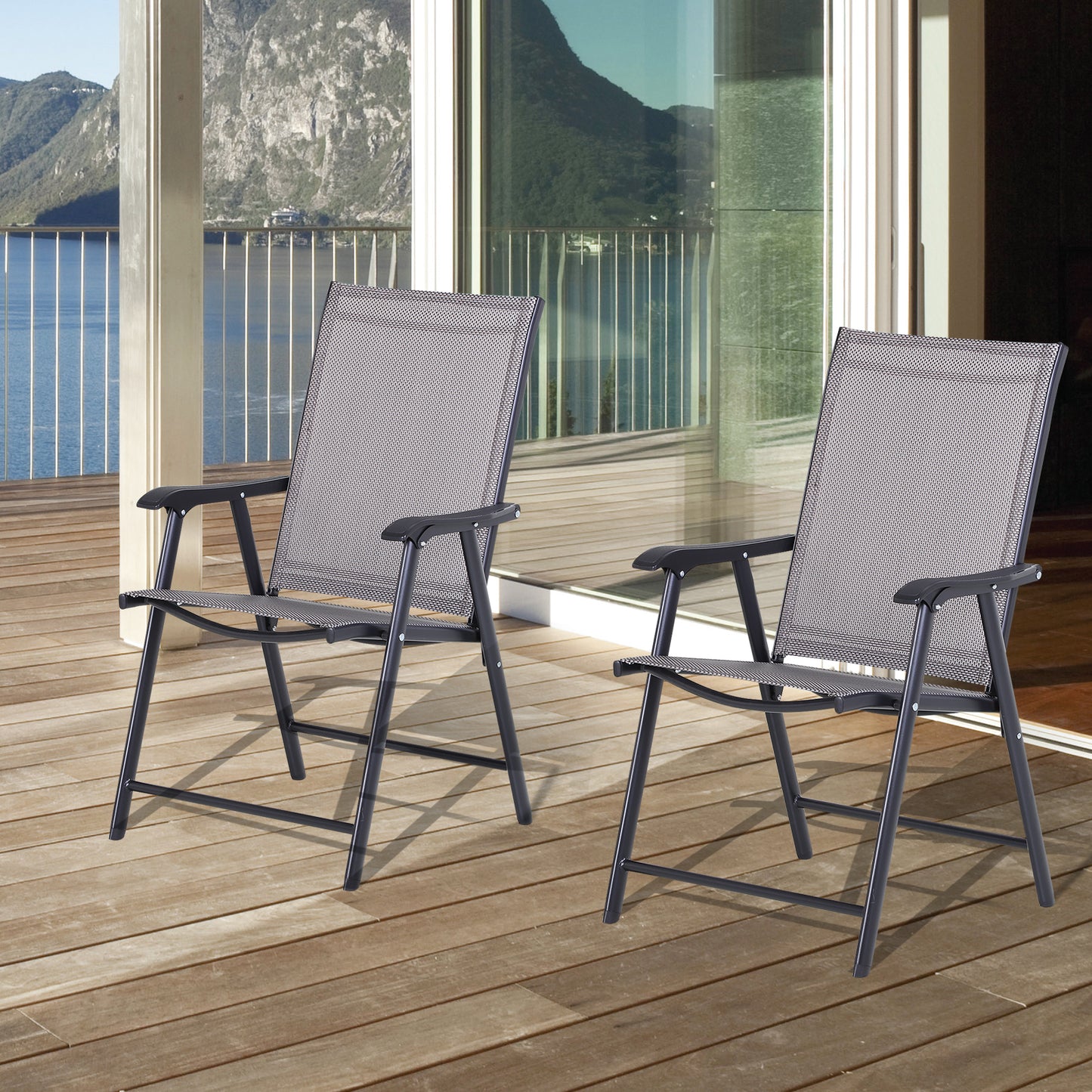 Outsunny Set of 2 Foldable Outdoor Garden Chairs Steel Frame Grey