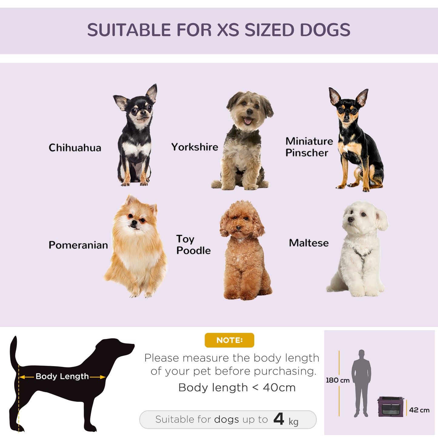 PawHut Pet Carrier, Portable Cat Carrier, Foldable Dog Bag for Miniature Dogs, 60 x 42 x 42 cm, Purple